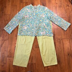 Ruby Rd Womens Neon Lime Green Pants Size 16 and Button Down Blouse Sz 18 Outfit
